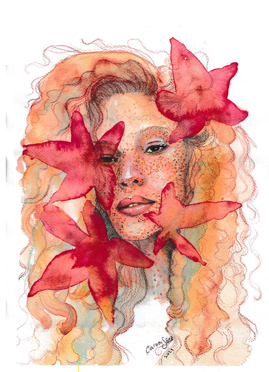 ginger woman with autumn leaves